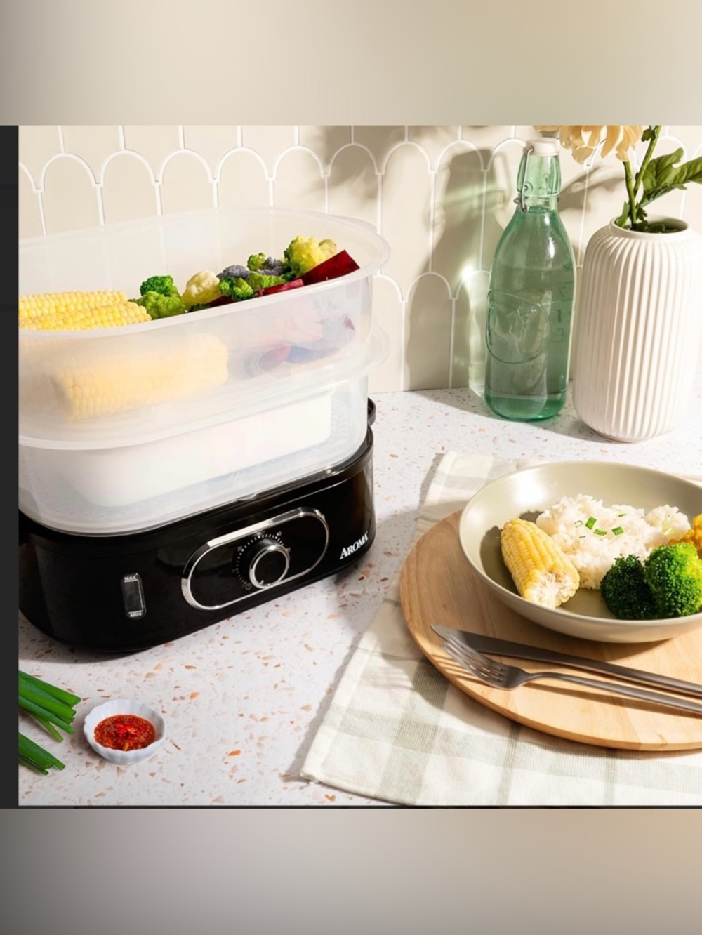 Aroma Double-Tier Food Steamer - Black/Clear
